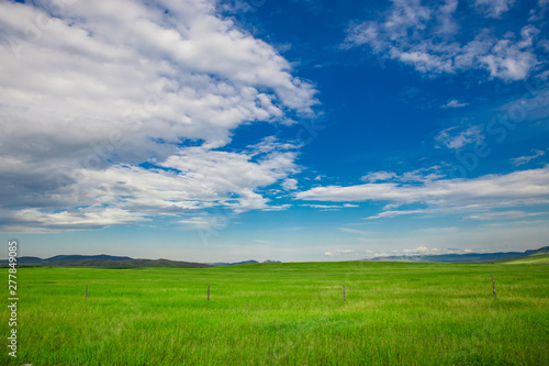 Blue sky with white clouds  fields and meadows with green grass  on the background of mountains. Composition of nature. Rural summer landscape.