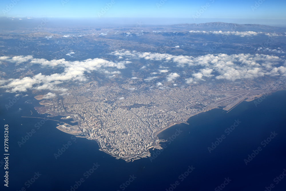 Lebanon From the Mountain to the Sea: Aerial view from Mount Lebanon to the city of Beirut on the coastline.