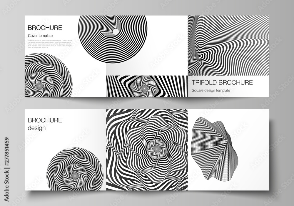 Fototapeta Minimal vector editable layout of square format covers design templates for trifold brochure, flyer, magazine. Abstract 3D geometrical background with optical illusion black and white design pattern.