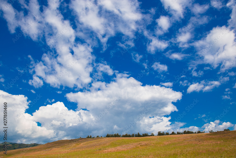 Blue sky with white clouds, fields and meadows with green grass, on the background of mountains. Composition of nature. Rural summer landscape.