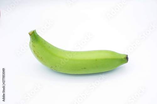 Green bananas on white background.