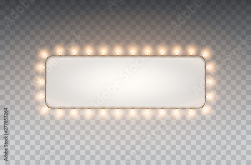 Light rectangle banner isolated on transparent background. Vector Hollywood bulbs frame or Las Vegas casino night sign.