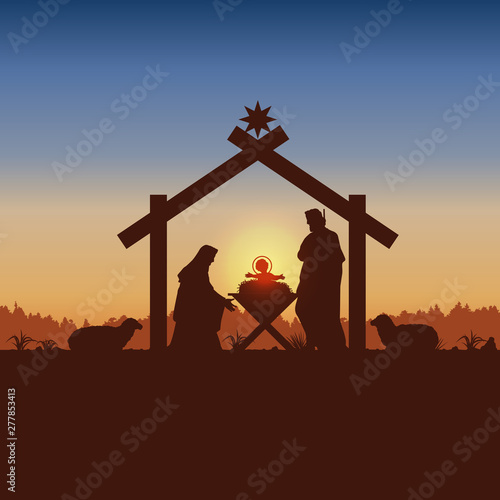 Birth of Christ, Silhouette of Mary, Joseph and Jesus, Vector