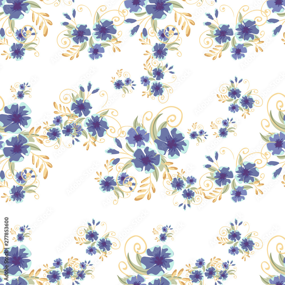Vintage seamless pattern with field small blue flowers on white background. Flower vector. Romantic floral surface design. Spring landscape.