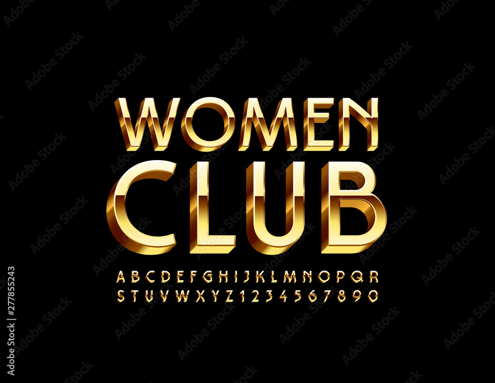 Fototapeta Vector chic Emblem Women Club. Uppercase Golden Font. Elite 3D ALphabet Letters and Numbers