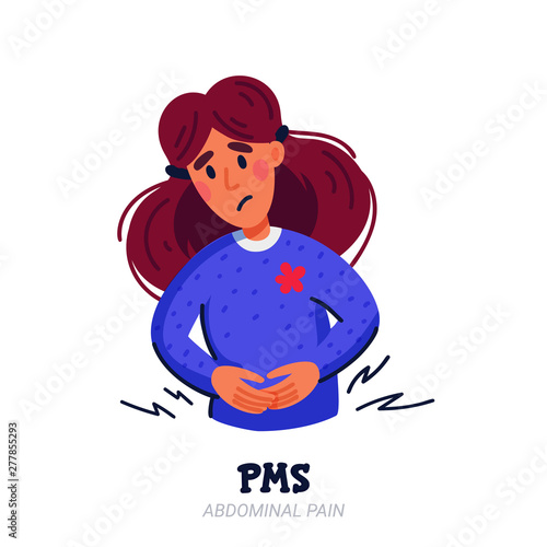 PMS symptoms concept. Woman suffering from premenstrual syndrome such as abdominal pain. Flat style vector illustration on white background.