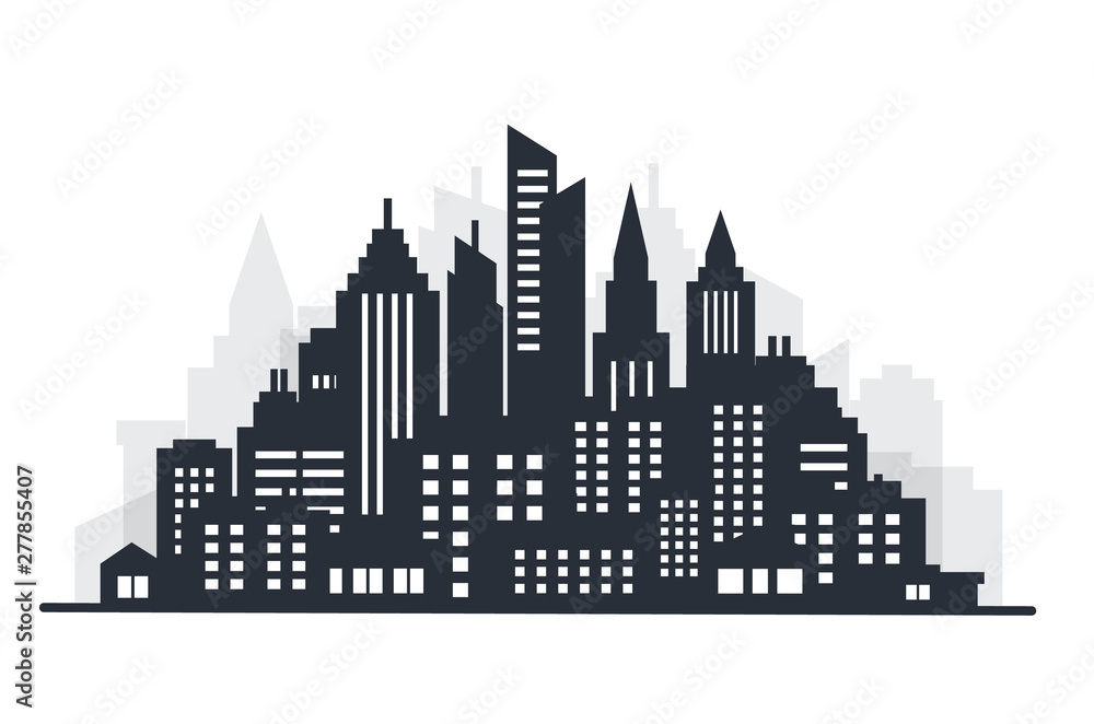 City silhouette land scape. City landscape. Downtown landscape with high skyscrapers. Panorama architecture Goverment buildings illustration. Urban life