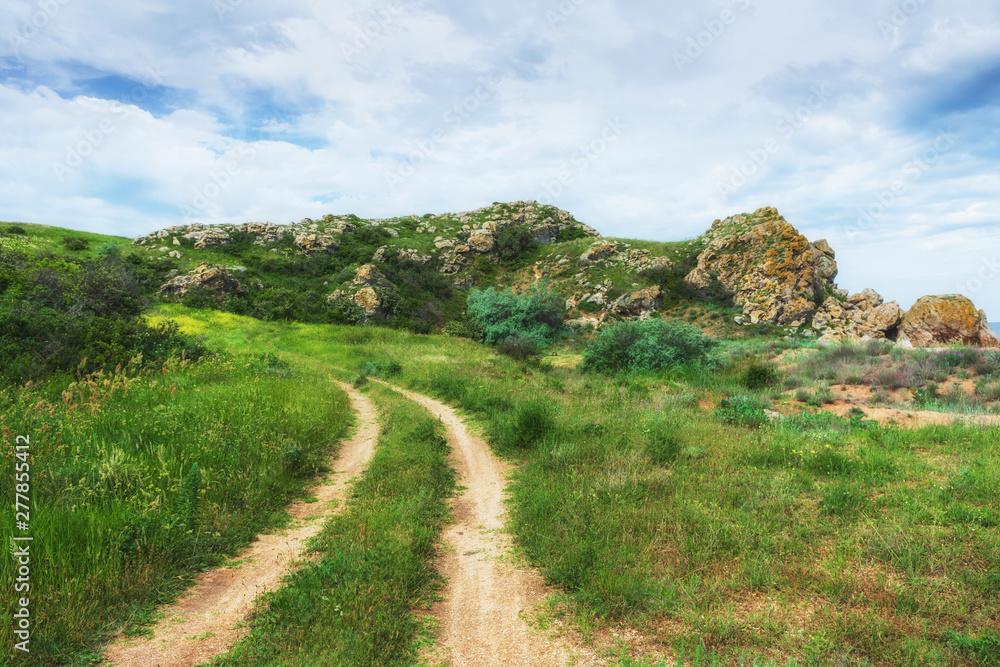 Crimea, Kerch. Nature reserve - dirt road. Hiking landscape park