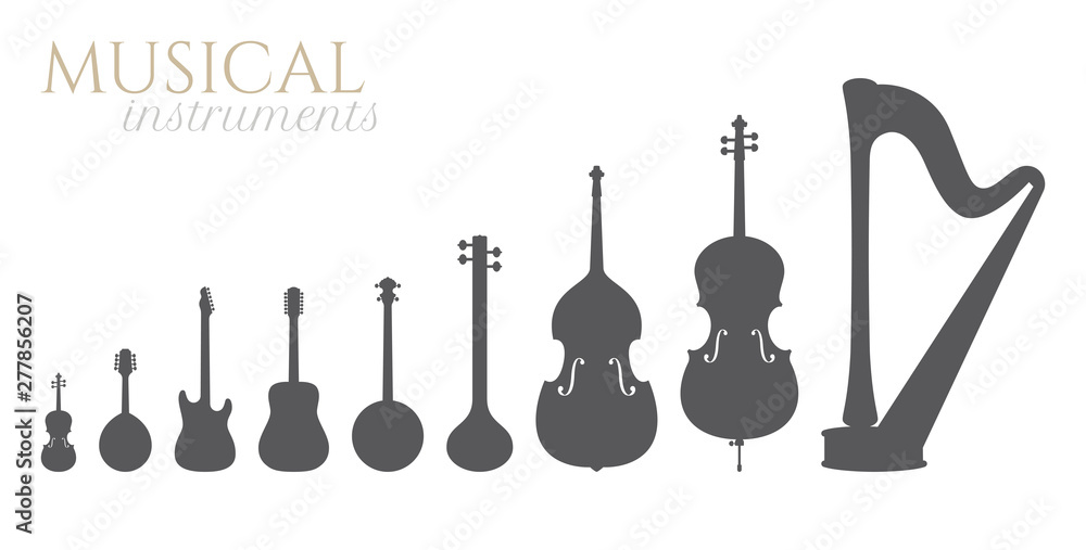 Vector black silhouettes of musical instruments violin, mandolin