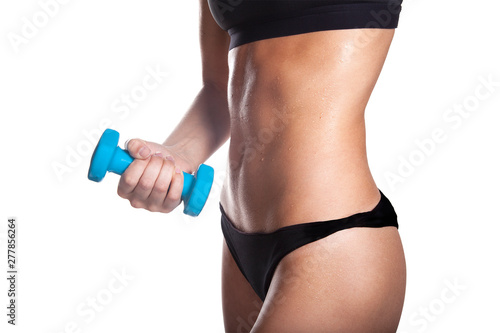 Sporty woman with dumbbells isolated on white background