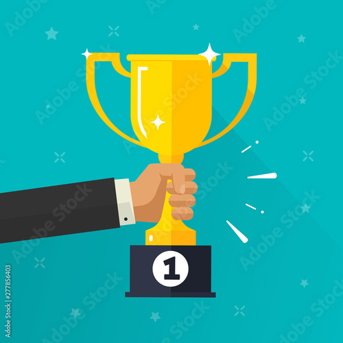 Winner success golden cup in hand vector illustration, flat cartoon award prize or achievement, competition win or best champion reward image