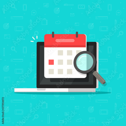 Calendar or agenda date find on laptop computer screen with magnifier glass vector icon, flat cartoon online organizer app on pc display with event date research or search image