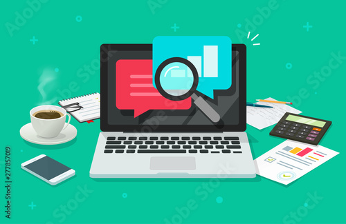Financial quality audit research work desk vector, flat cartoon laptop computer desktop or workplace with analysis or analytics reports, accounting office or statistic inspection or evaluation