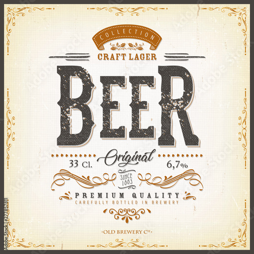 Vintage Beer Label For Bottle/ Illustration of a vintage design elegant lager beer label, with crafted letterring, specific product mentions, textures and celtic patterns, on blue and gold background