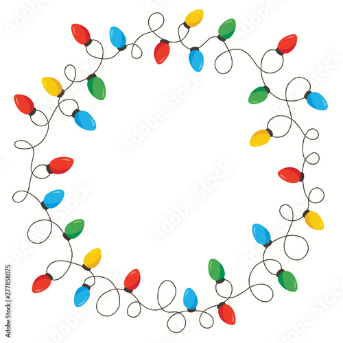 Vector Retro Colorful Holiday Christmas and New Year Intertwined String Lights Isolated Round Frame on White Background