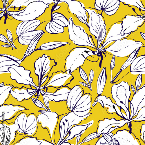 Seamless vector hand drawn floral pattern hawaii style with orchid tree flowers - bauhinia, buds and leaves, partially colored.