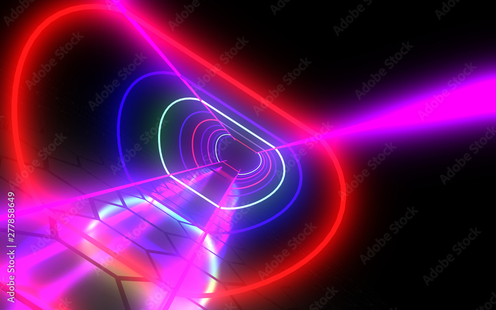 3D  abstract tunnel with neon lights. 3d illustration