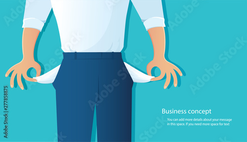 poor man showing his empty pockets on blue background vector illustration EPS10