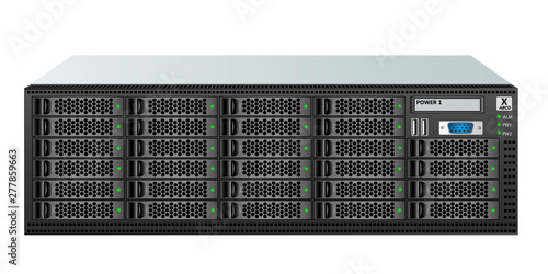 Carrier-class server size 3u with twenty-eight 2.5-inch hard drives for mounting in a 19-inch rack. Vector illustration.