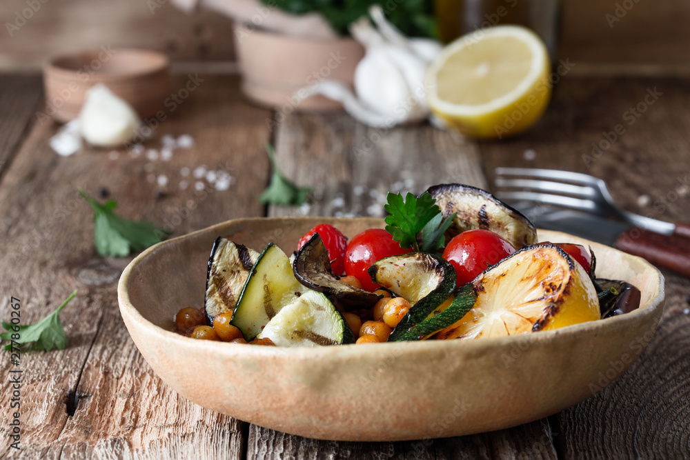 Healthy vegan bowl with grilled vegetables, and roasted chickpeas Healthy vegan bowl with grilled vegetables, and roasted chickpeas