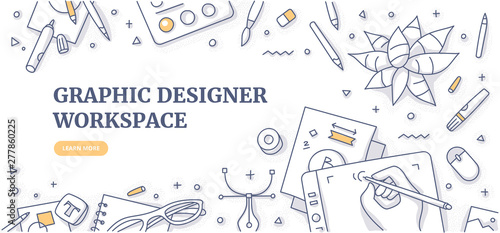 Creative designer desk with stationary objects pencils, markers and design symbols. Top view on graphic designer workspace. Flat lay. Doodle illustration for web banners or hero images
