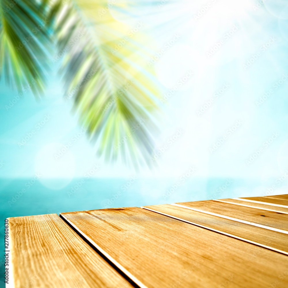 Desk of free space and summer beach landscape Desk of free space and summer beach landscape