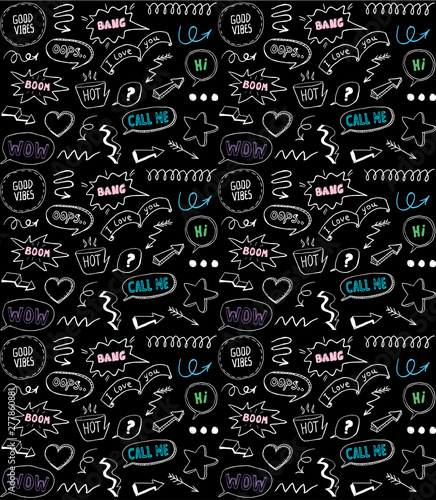Doodle style seamless pattern with speech bubbles and comic style elements, hand drawn illustration on a chalkboard