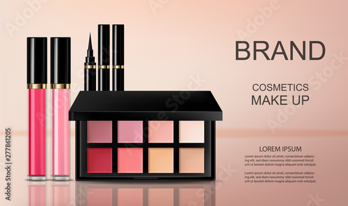 Cosmetics set Vector realistic. Eye shadow, lip gloss and powder blush collection. Product placement. 3d illustrations