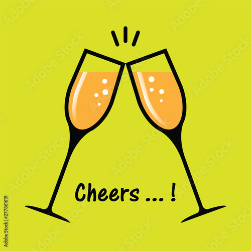 two glasses of champagne cheers flat design yellow bg
