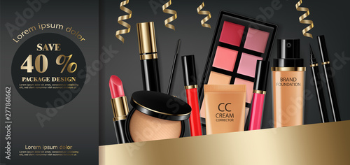 Cosmetics set Vector realistic. Eye shadow, lip gloss and powder blush collection. Product placement. 3d illustrations