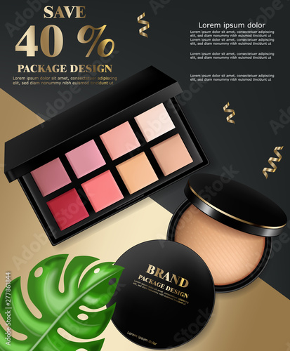 Cosmetics set Vector realistic. Eye shadow and powder blush collection. Product placement. 3d illustrations