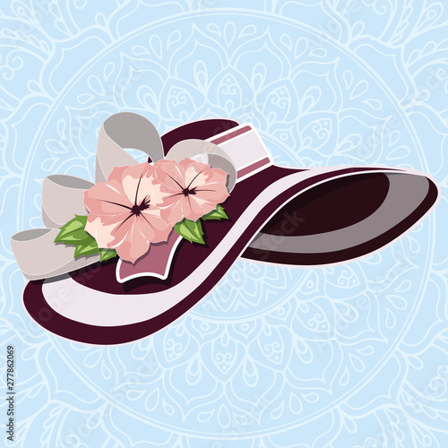 A elegant hat with flowers and a ribbon - Vector illustration
