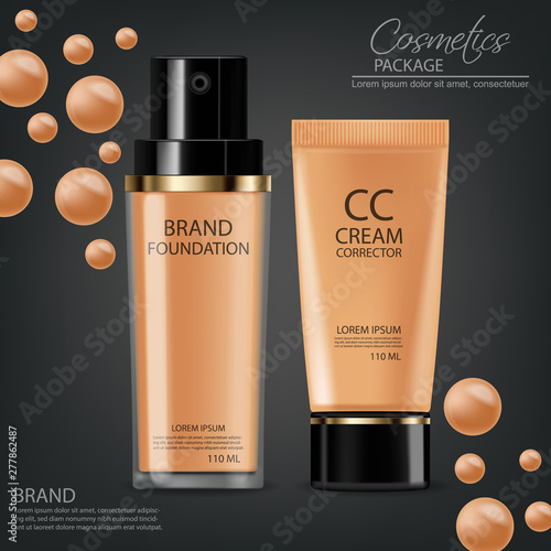 Foundation cream Vector realistic cosmetics. Product placement. Pouring liquid 3d detailed illustrations