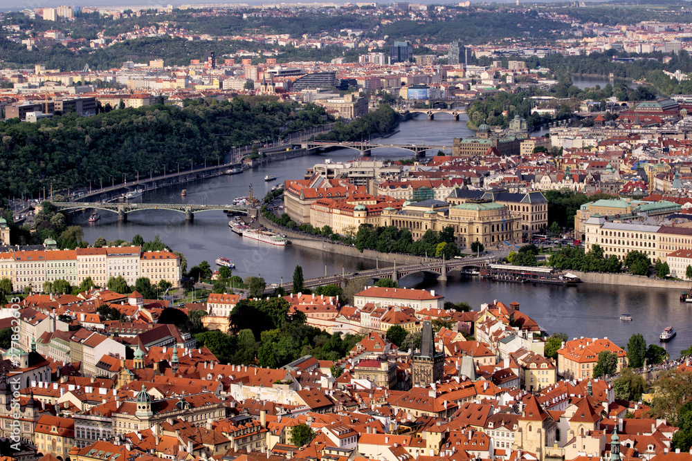 Top view of the old beautiful city with the river and bridges. Toned
