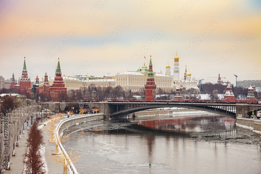Moscow Kremlin and river day winter glowing panorama