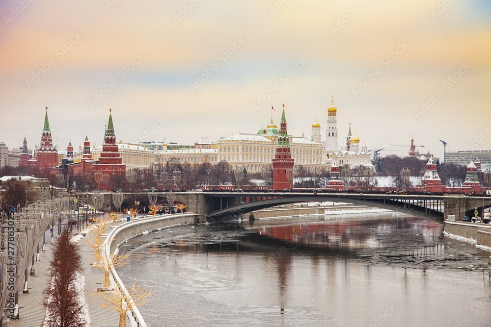 Moscow Kremlin and river day winter glowing panorama Moscow Kremlin and river day winter glowing panorama