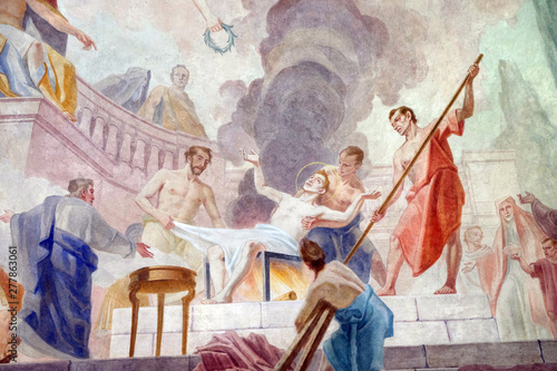 Martyrdom of the Saint Lawrence, ceiling fresco in the Saint Lawrence church in Denkendorf, Germany © zatletic