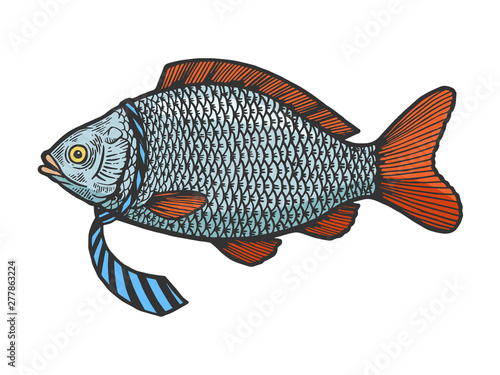 Fish in necktie color sketch engraving vector illustration. Scratch board style imitation. Black and white hand drawn image.