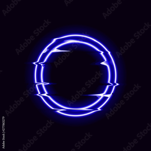 Vector Glitch Effect, Round Shape, Shining Neon Illustration on Dark Black Background.