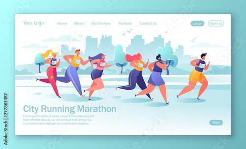 Healthy lifestyle concept for mobile website, web page. Active people characters running marathon distance. Flat, cartoon, trendy, vector illustration. Concept of landing page. Summer, outdoor sports.