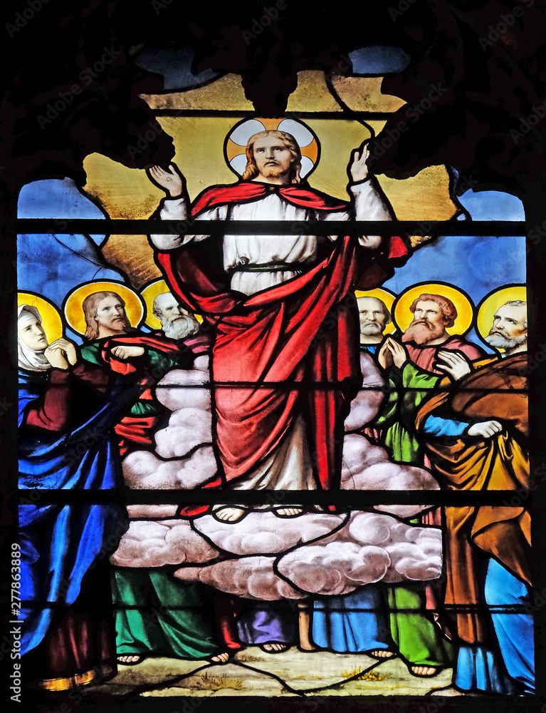 Transfiguration of Jesus, stained glass window in Saint Severin church in Paris, France