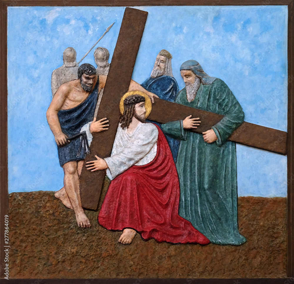 Naklejka premium 5th Stations of the Cross, Simon of Cyrene carries the cross, church of Immaculate Conception of the Virgin Mary in Malesnica, Zagreb, Croatia