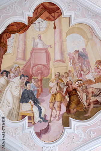 Ceiling frescoes with scenes from the life of St. Bernard of Clairvaux by Johann Adam Remele in Bernard Hall, Cistercian Abbey of Bronnbach in Reicholzheim near Wertheim, Germany