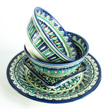 Set of Uzbek national dishes with Oriental ornament