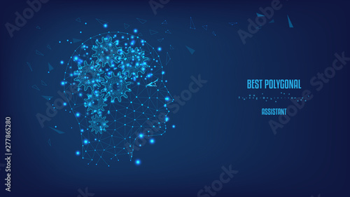Silhouette of a polygonal head and gears in the shape of the brain. Polygonal illustration of triangles and points. Concept of thinking human, visualization of process of thinking. Low poly.