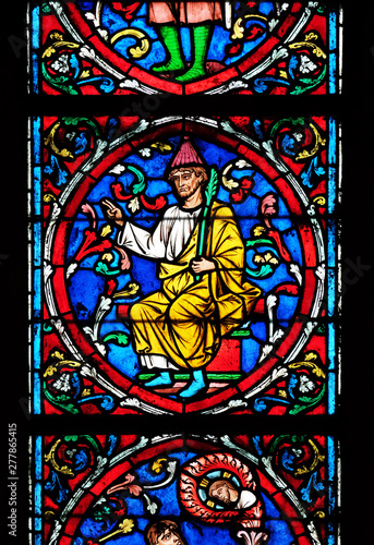 Colorful stained glass window in the Notre Dame Cathedral  UNESCO World Heritage Site in Paris  France 