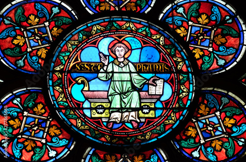 Saint Stephen  stained glass window in the Notre Dame Cathedral in Paris