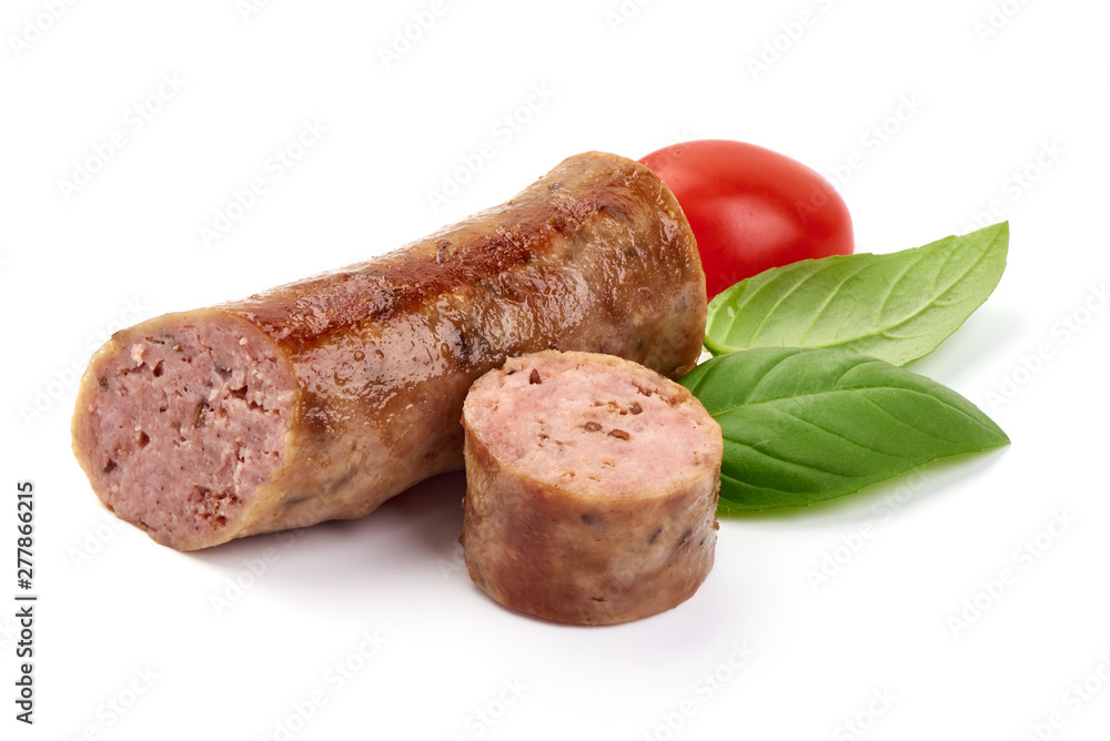 Roasted Pork sausages, close-up, isolated on white background