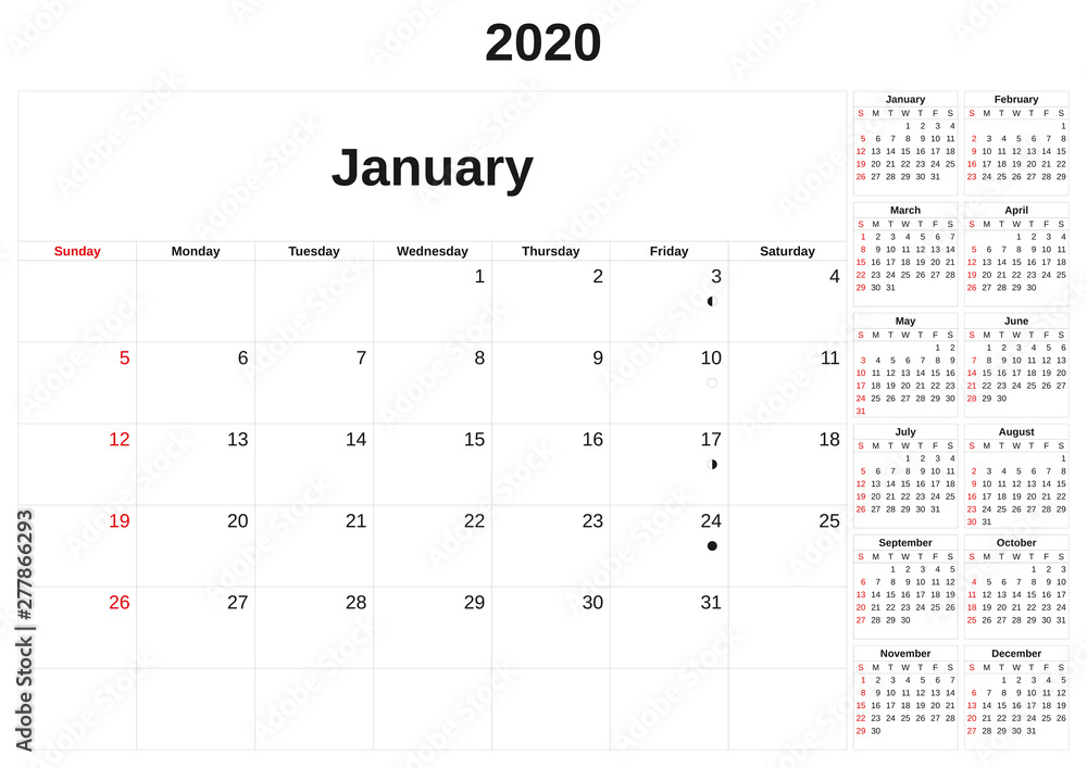 2020 a monthly calendar with white background. 2020 a monthly calendar with white background.