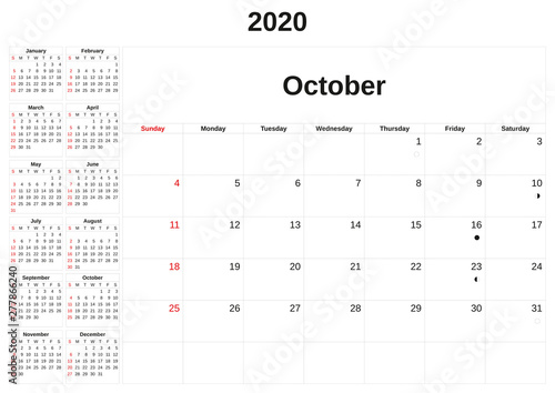 2020 a monthly calendar with white background.